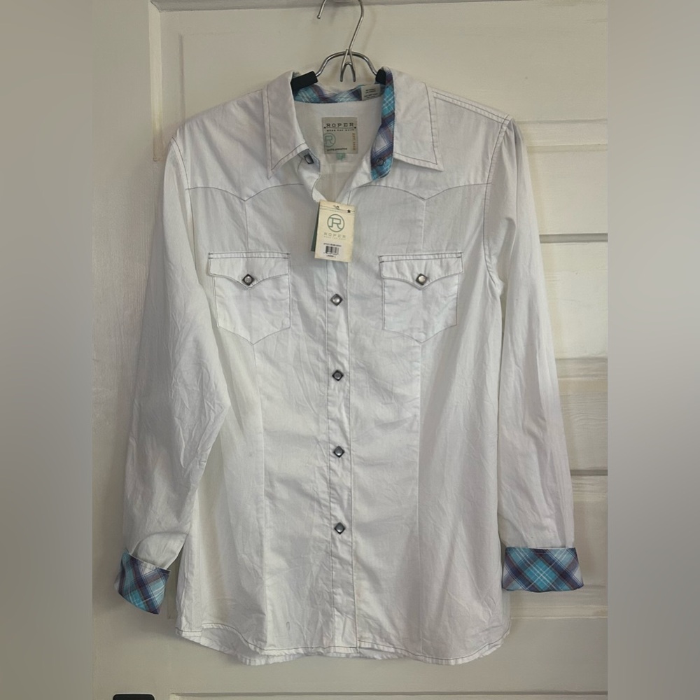Roper White Button-Up Shirt with Contrast Cuffs, size L